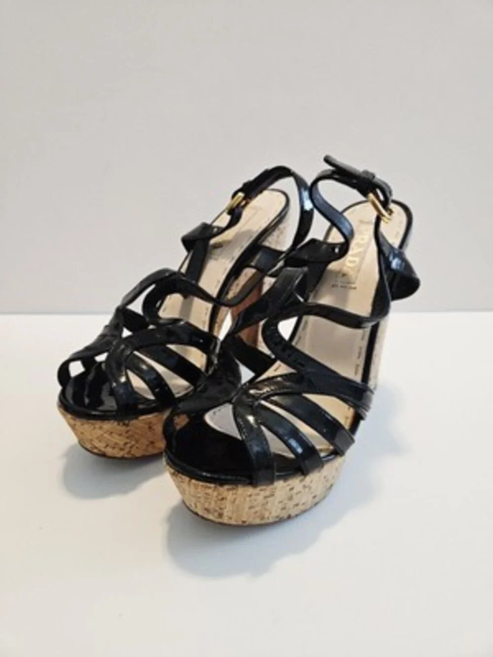 PRADA Milano Black Patent Leather Cork Platform Block US9/UK39 Heels Slingback